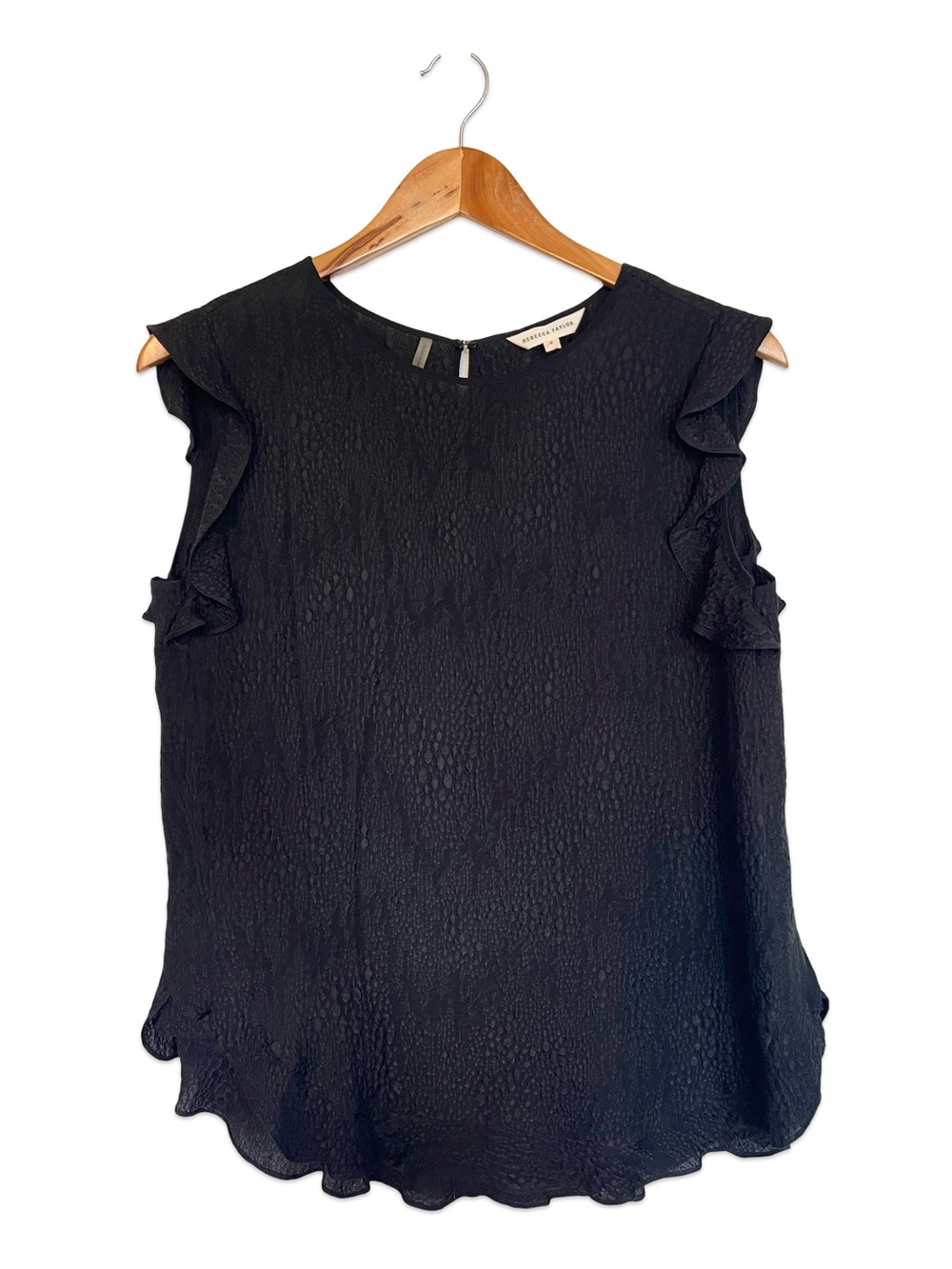 Rebecca Taylor black silk blouse Size 4 Ruffled edge top Sleeveless Classic
